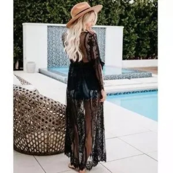 SOLD OUT Black Eyelash Lace Bohemian Long Kimono Duster Wrap Coverup - Picture 2 of 2